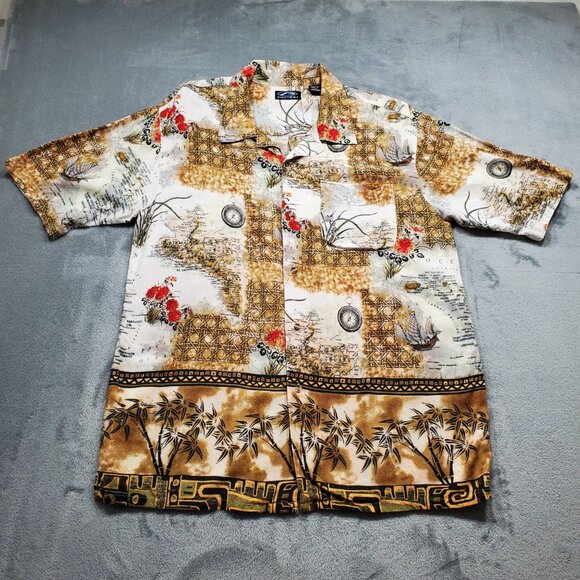 Protest Button Up Short Sleeve Shirt Oriental Map Theme Red Brown Tan Wm Sz M - Picture 1 of 9
